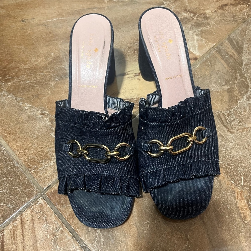 Kate Spade Black Mules with Gold Chain Accent